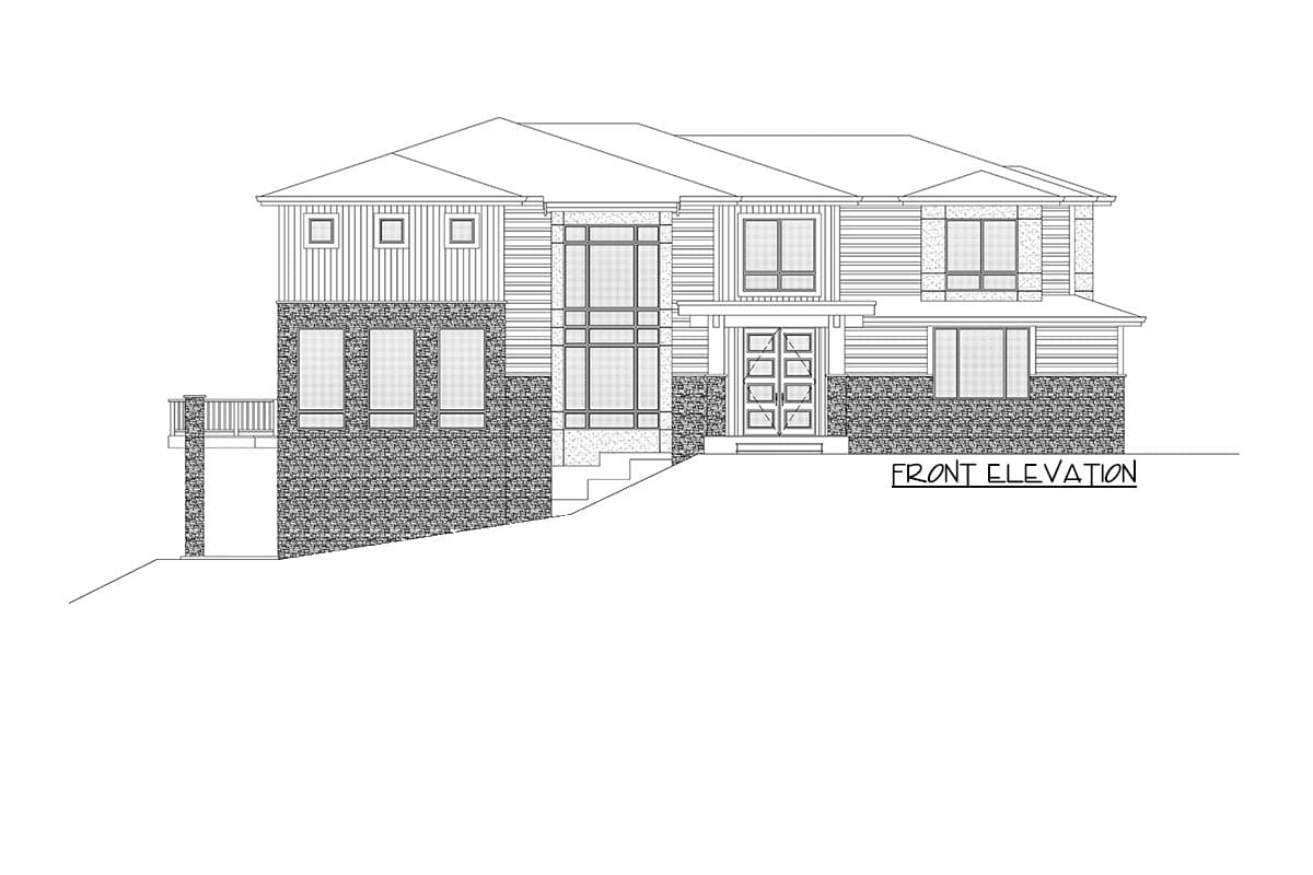 Front elevation house plan with stone and wood siding, multiple window types, a covered entry, and a deck.