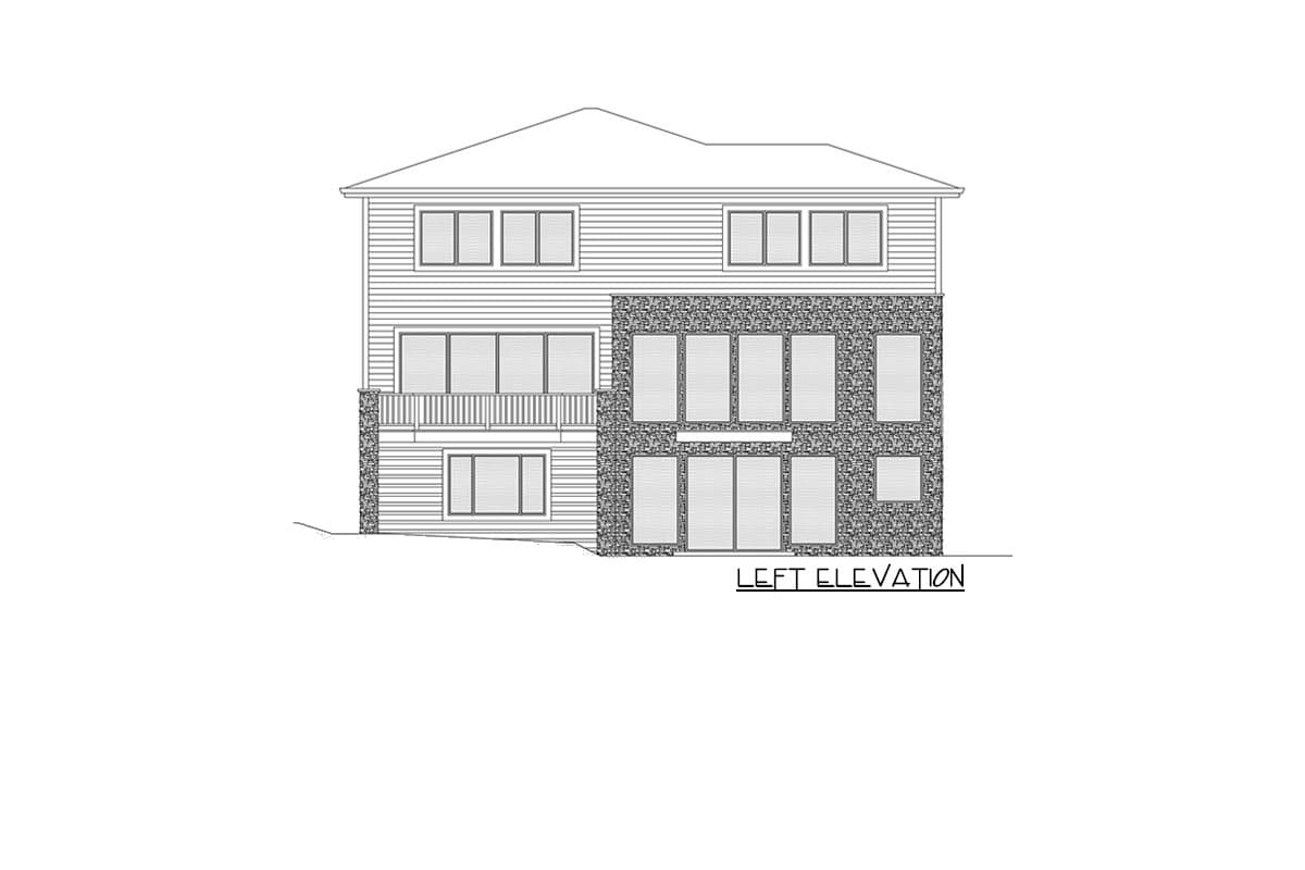 Left elevation drawing of a two-story house plan with horizontal siding and stone accents, featuring multiple windows and a balcony.