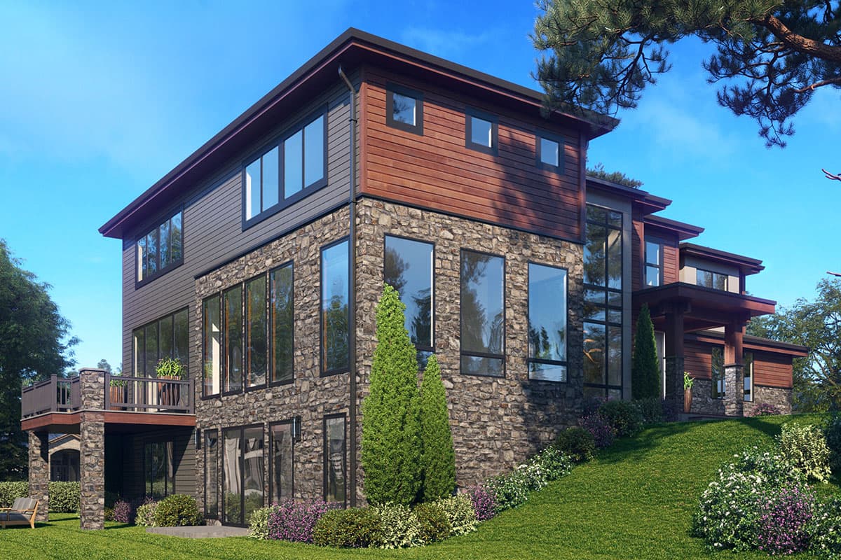 House plan exterior: Two-story Modern home with stone and wood siding, multiple gables, and large windows.