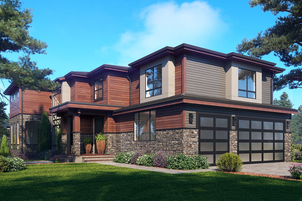 Modern house plan exterior with wood siding, stone base, covered porch, and multi-pane garage doors.