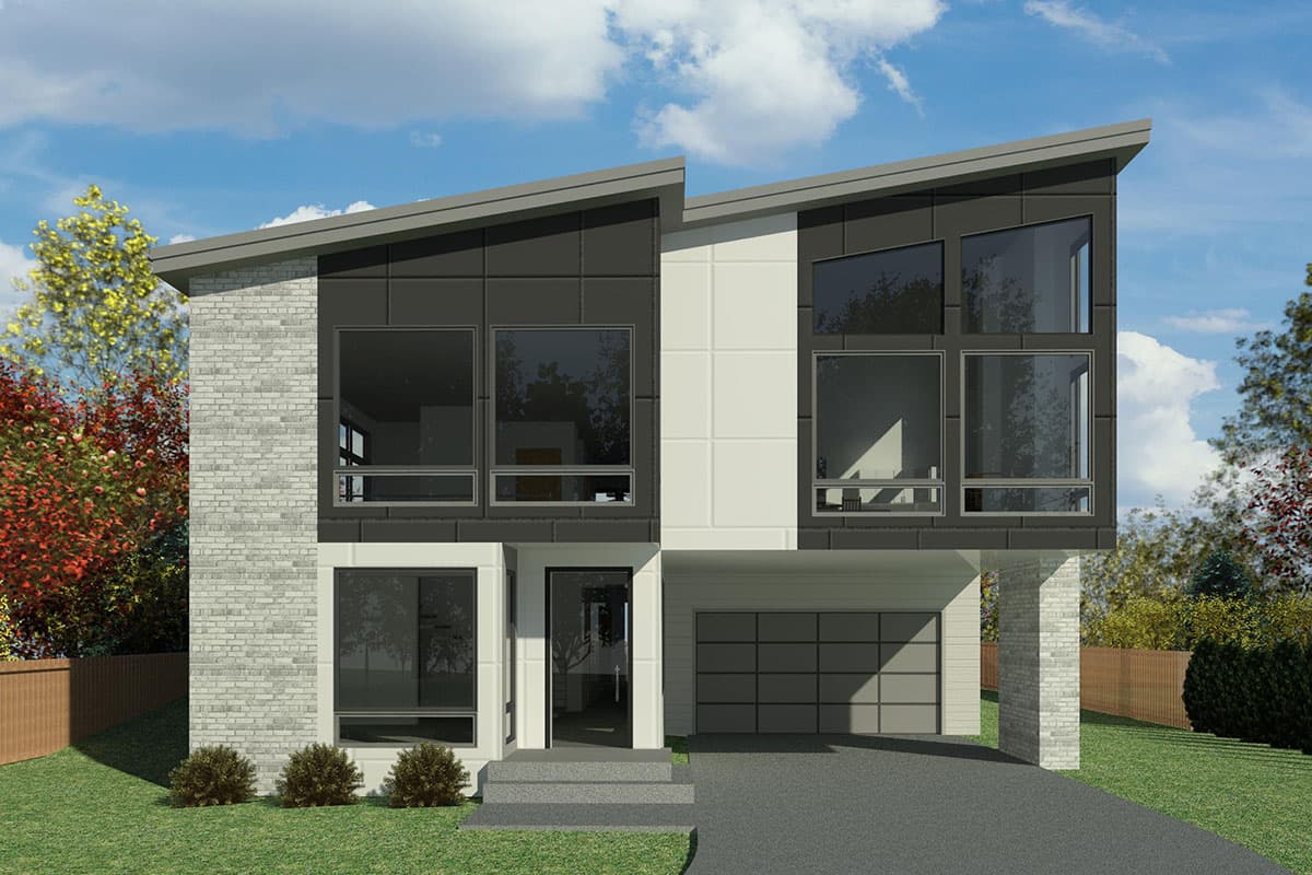 Modern house plan exterior with asymmetric rooflines, large windows, brick accents, and attached garage.