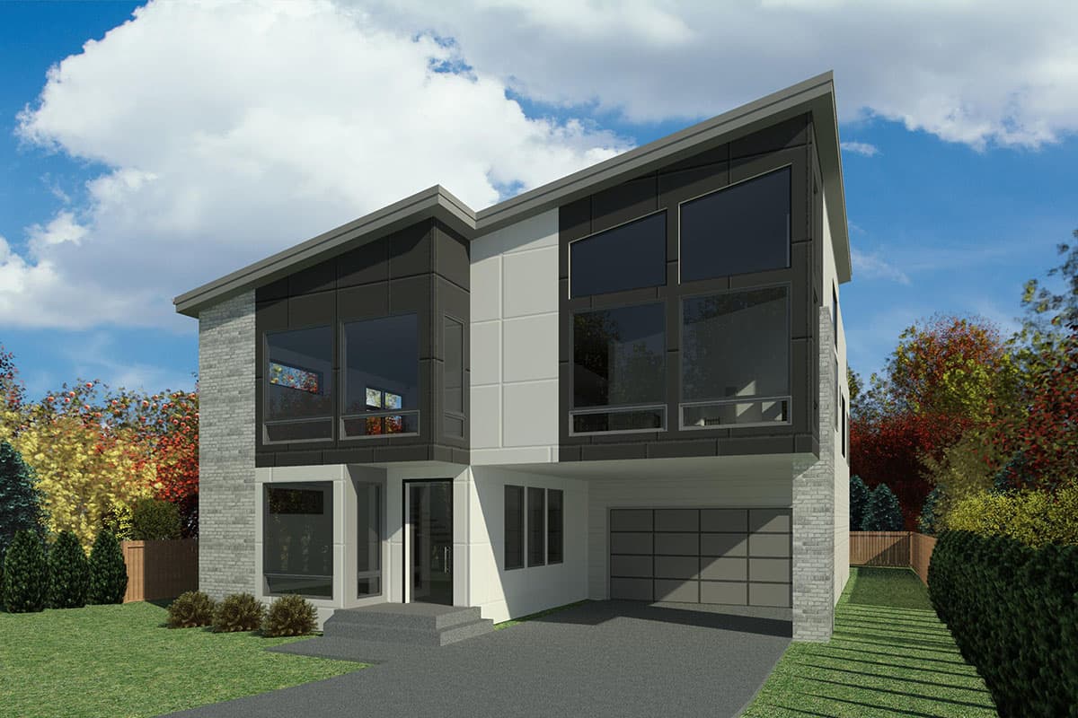 House plan exterior. Modern style, two-story home with a flat roof and large windows. Includes an attached garage and stone accents.