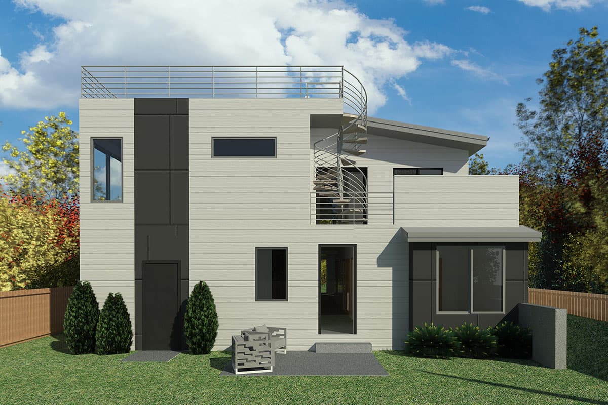 Modern house plan exterior with flat roof, balcony, spiral staircase, and rooftop deck.