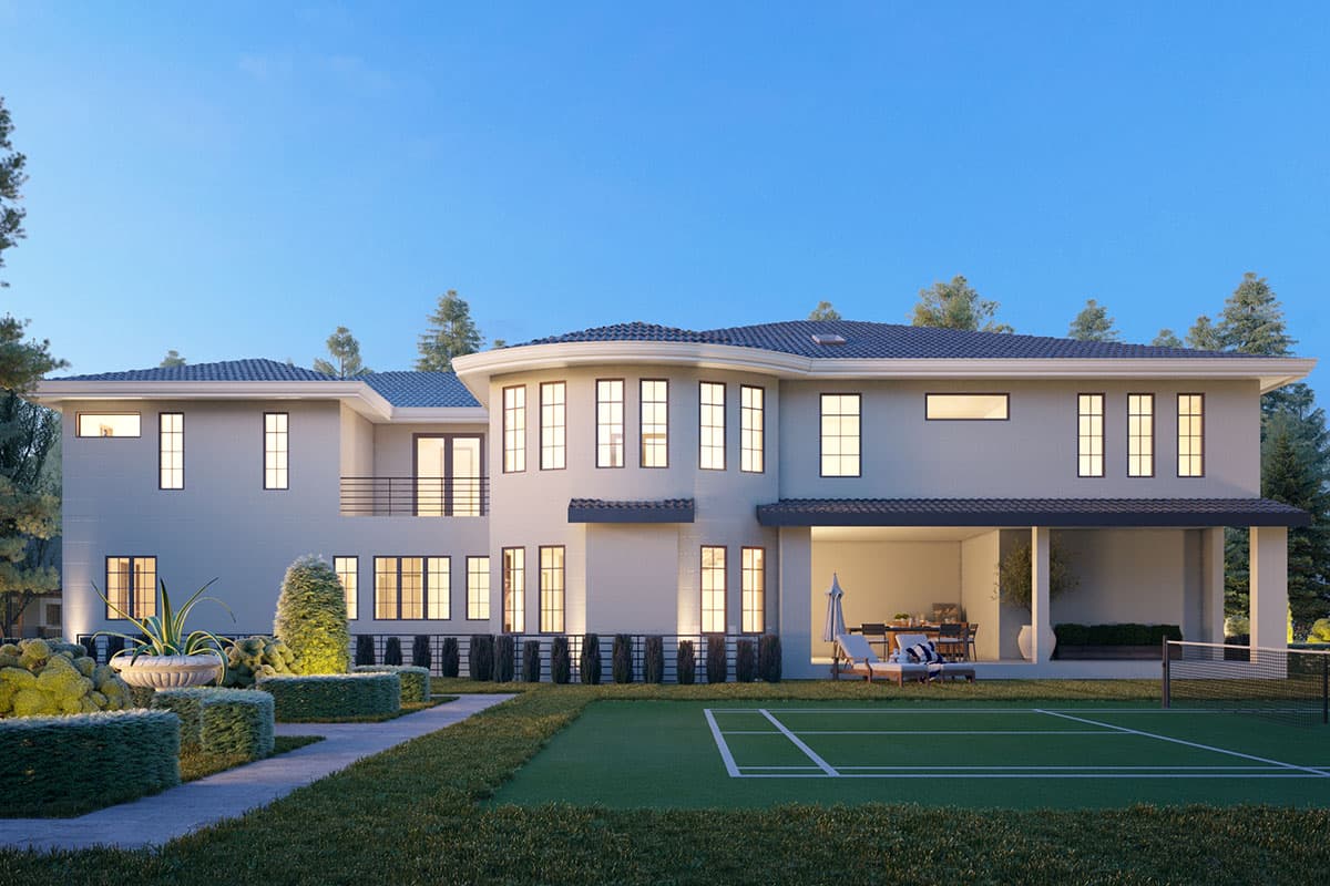 House plan exterior: two-story residence with curved facade, balcony, covered patio, and tennis court.