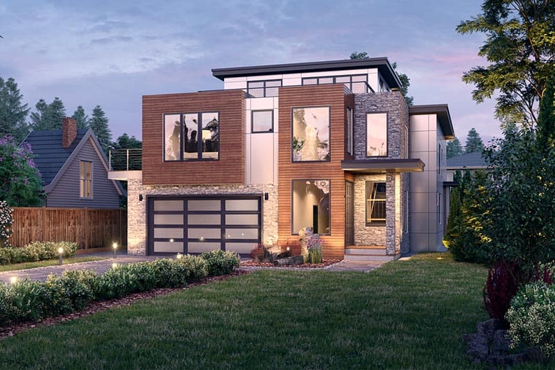 House plan exterior. Modern style, two-story home with wood siding, stone accents, flat roof, and a glass-paneled garage door.