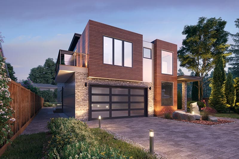 Modern two-story house plan exterior with stone and wood siding, large glass garage door, and balcony.