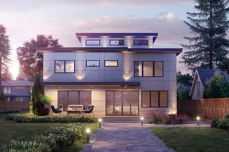 Modern house plan exterior, two stories, flat roof, multiple rectangular windows, and glass sliding doors.