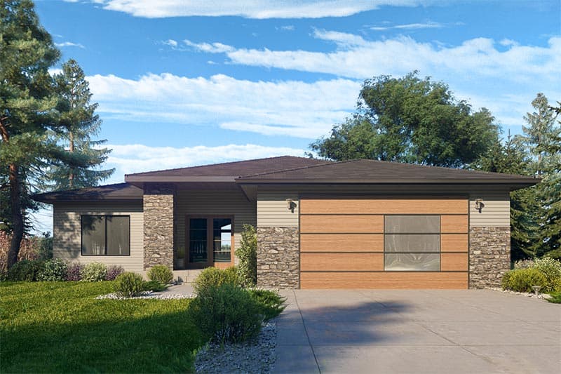 House plan exterior. Single-story contemporary home with stone accents, horizontal siding, and a low-slope roof. Attached garage.