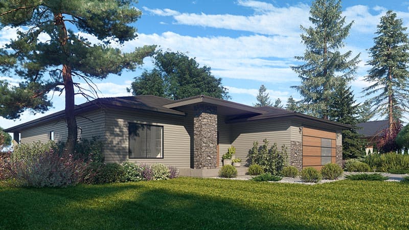 House plan exterior: Single-story modern design with stone-clad pillar, horizontal siding, and wood garage door with glass inserts.