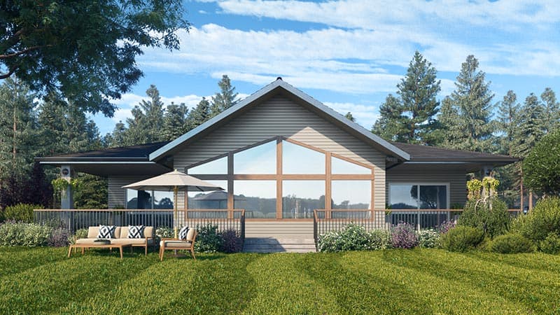 House plan exterior: Ranch style with prominent gable and large triangular window group, wrap-around deck.