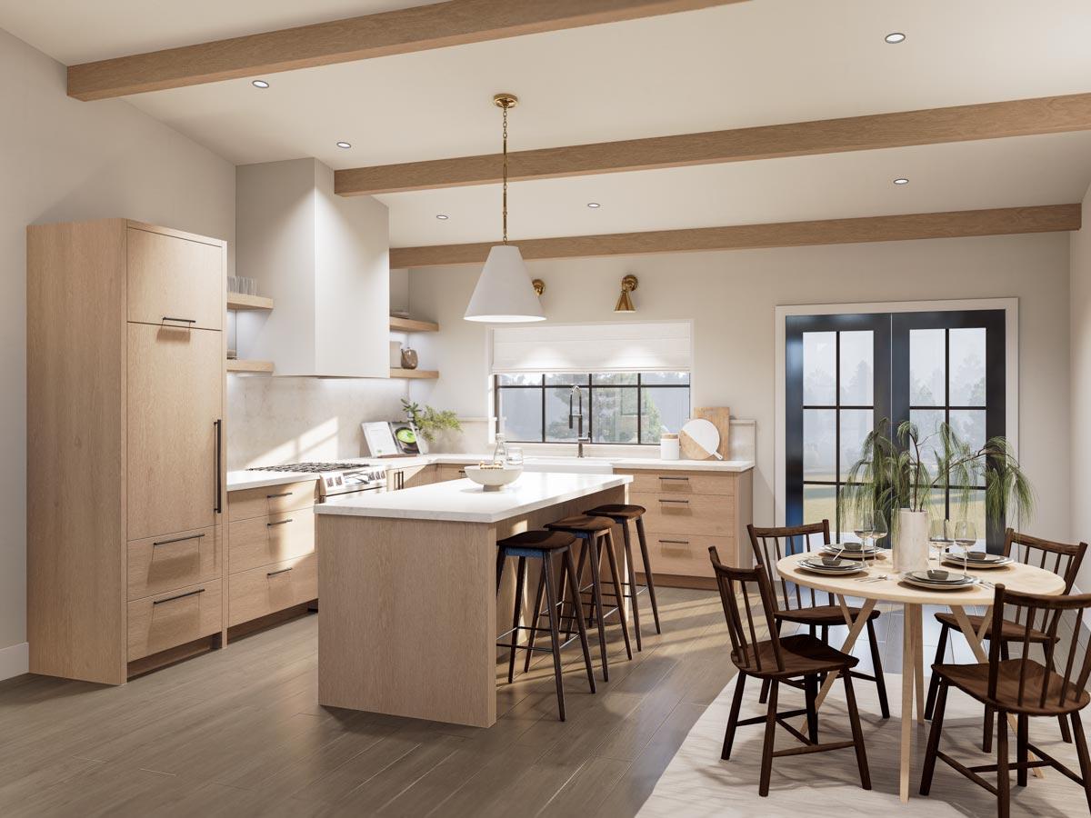 Kitchen with light wood cabinetry, island with seating, dining area, and double doors.