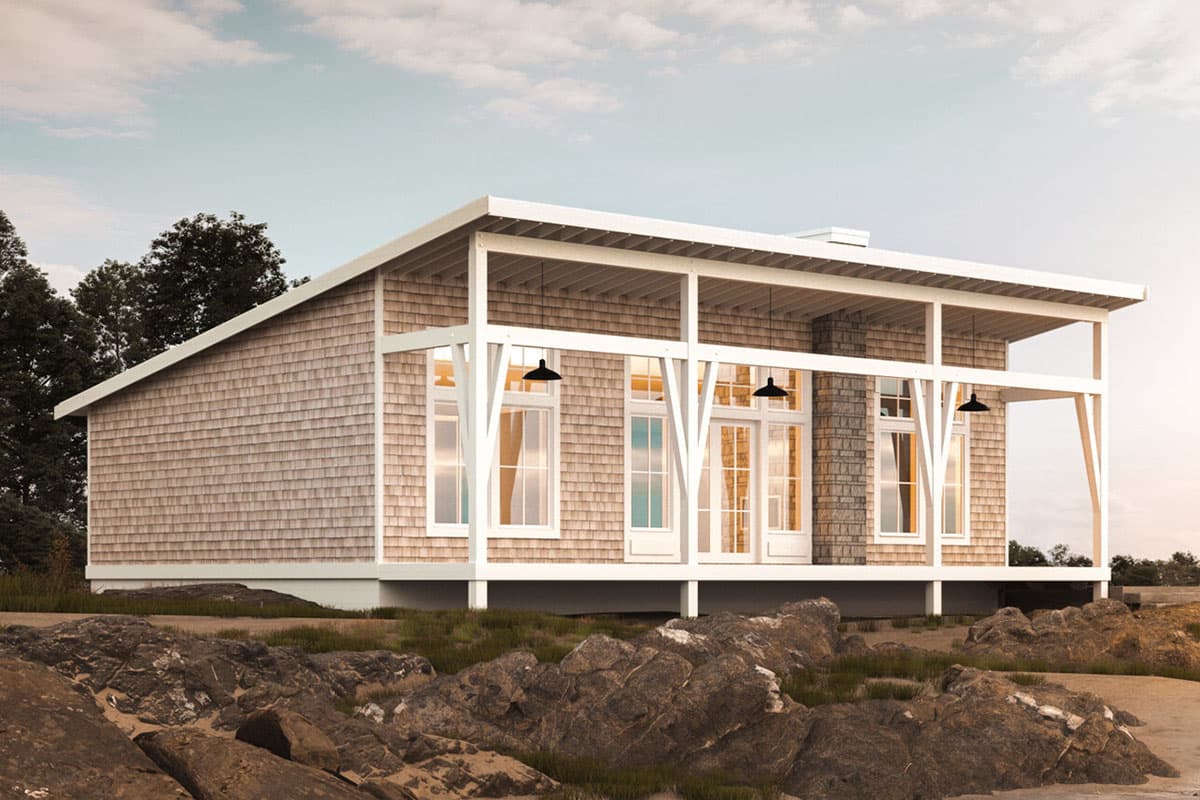 House plan exterior: single-story Modern style with cedar shingles, large windows, and a covered porch with exposed beams.