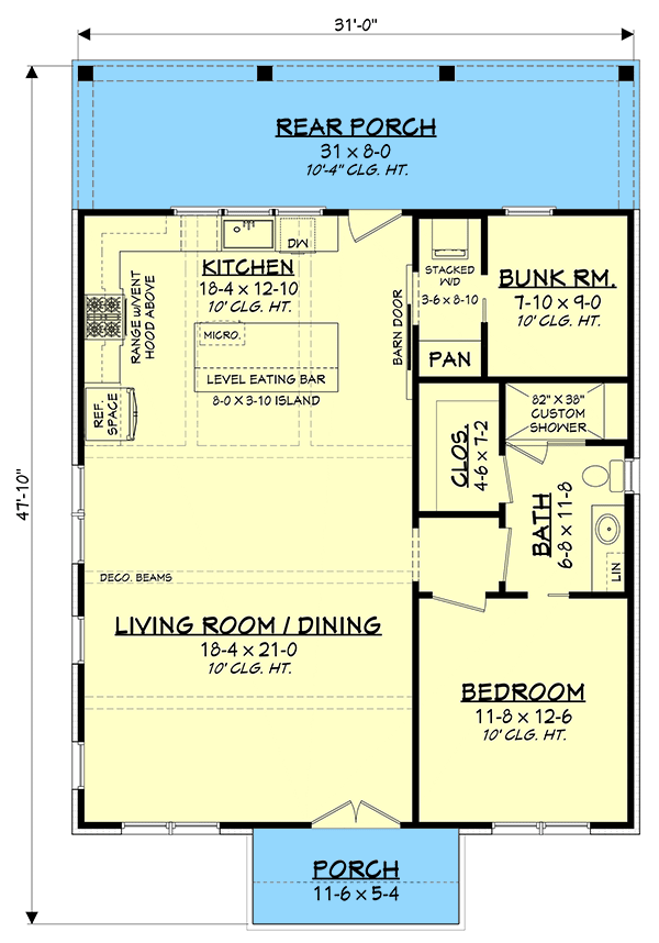 Plan 51847HZ: Cottage Escape with Bed and Bunk Room - Floor Plan - Main Level - Cabin, Cottage, Country, Craftsman, Farmhouse, Modern Farmhouse, Mountain, Traditional, Vacation