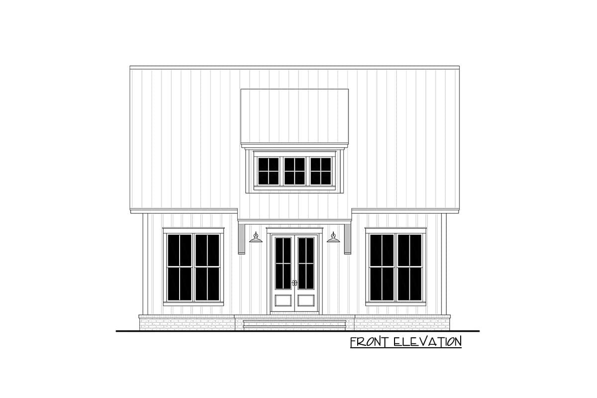 Front elevation drawing of a two-story house plan with a metal roof, double front doors, and three windows on the main level.