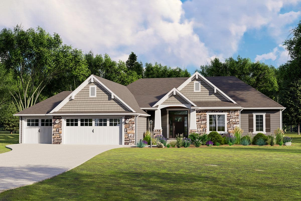 House plan exterior with Craftsman style. Features include a side-entry garage, gable roof, stone accents, and dormers above windows.
