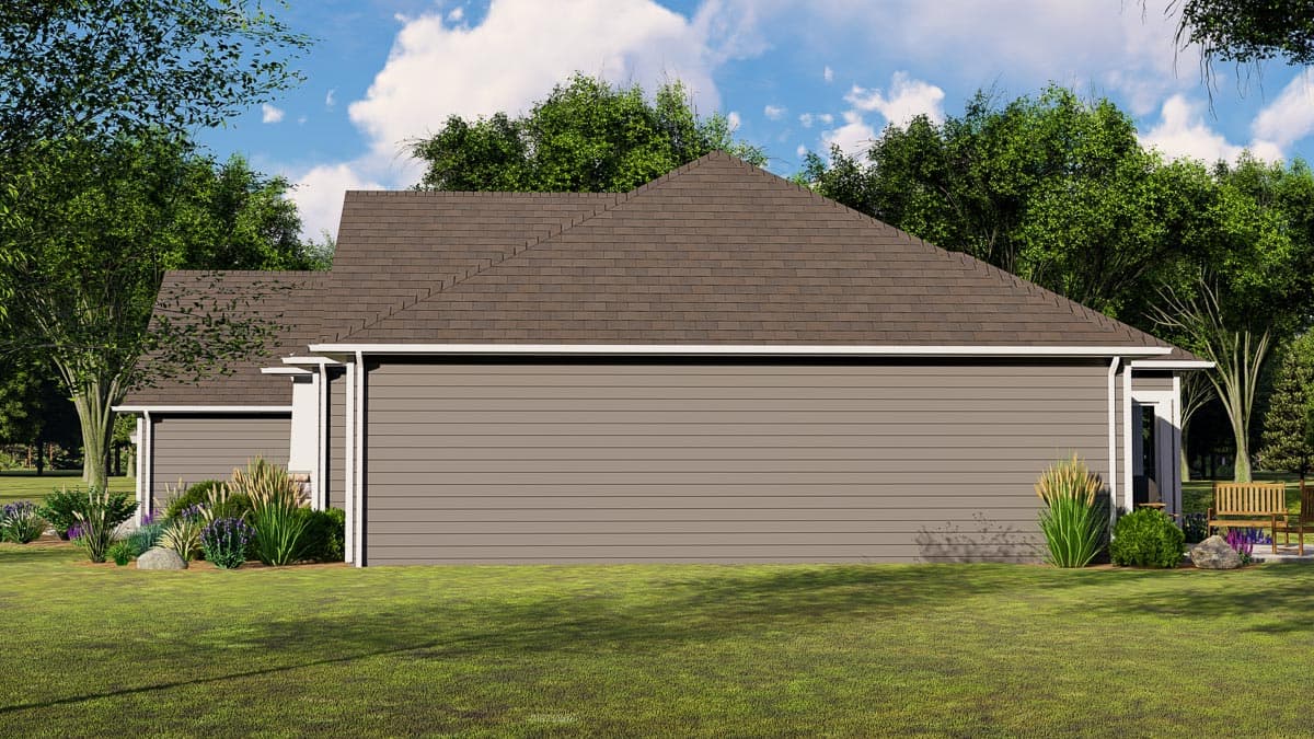 House plan exterior: one-story home with horizontal siding, hip roof, and visible gables.