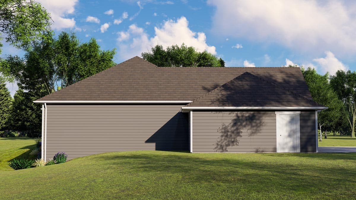 House plan exterior, side view. Features vinyl siding, gable roofline, and a side door.