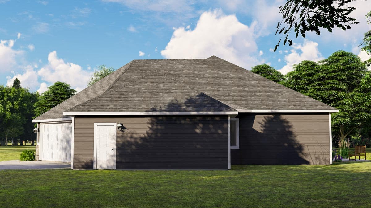 House plan exterior rendering, side view with attached garage, gable roof, horizontal siding, and a single door.