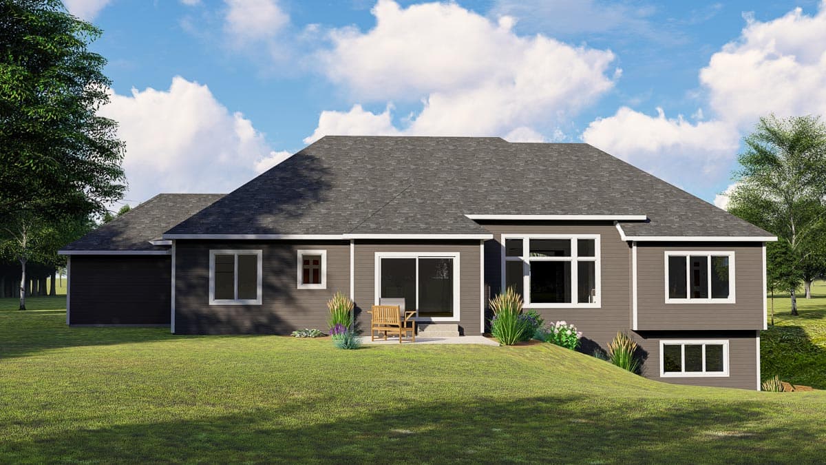 House plan exterior: Ranch style with a dark gray siding, prominent rooflines, sliding glass doors, and an attached garage on the left.