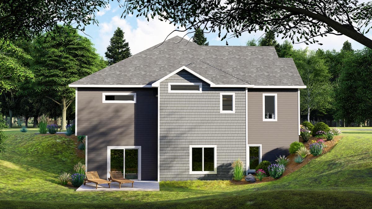 House plan exterior with a gray shingle gable, horizontal siding, and multiple windows.