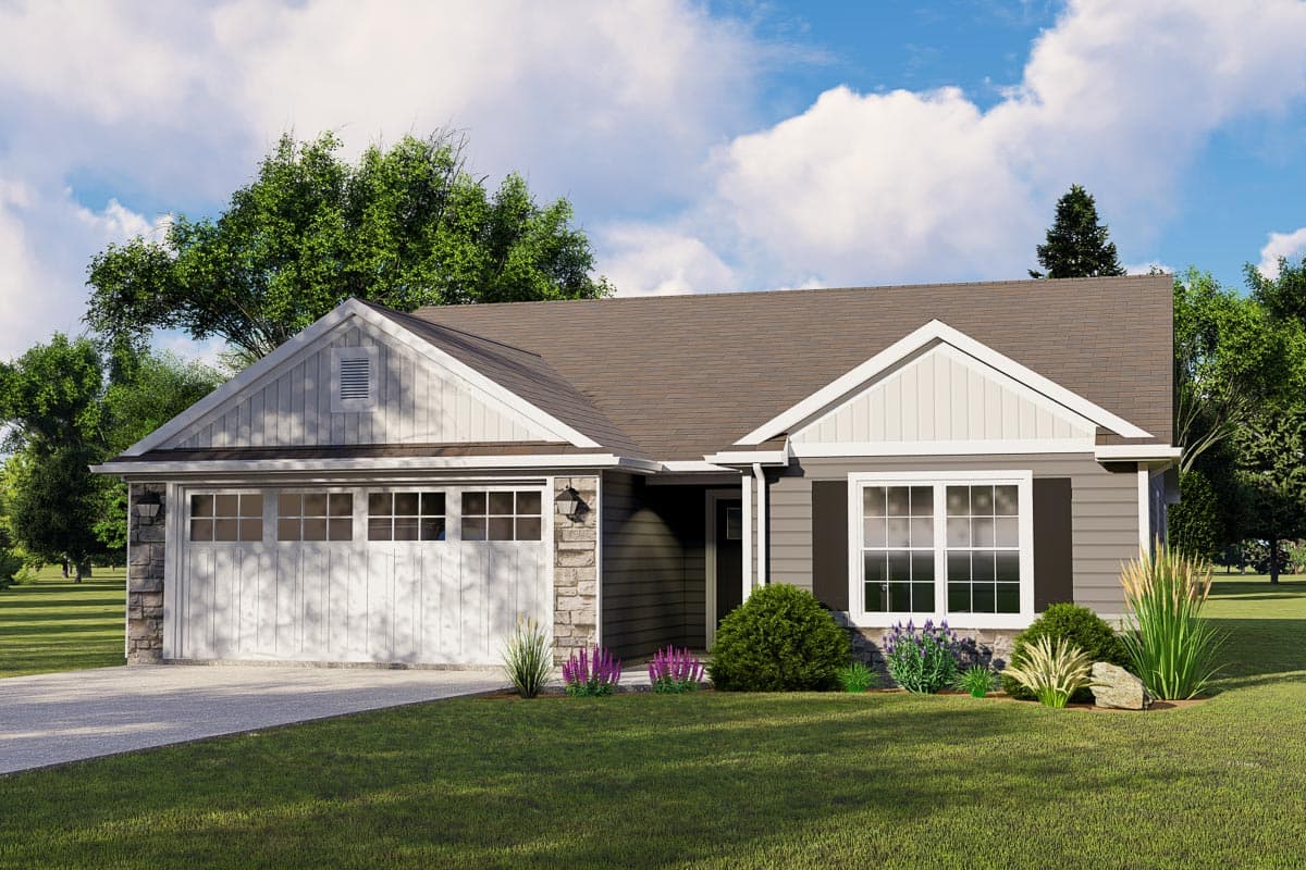 House plan exterior featuring a single-story Ranch style home with a gable roof, stone accents, and a front-facing garage.