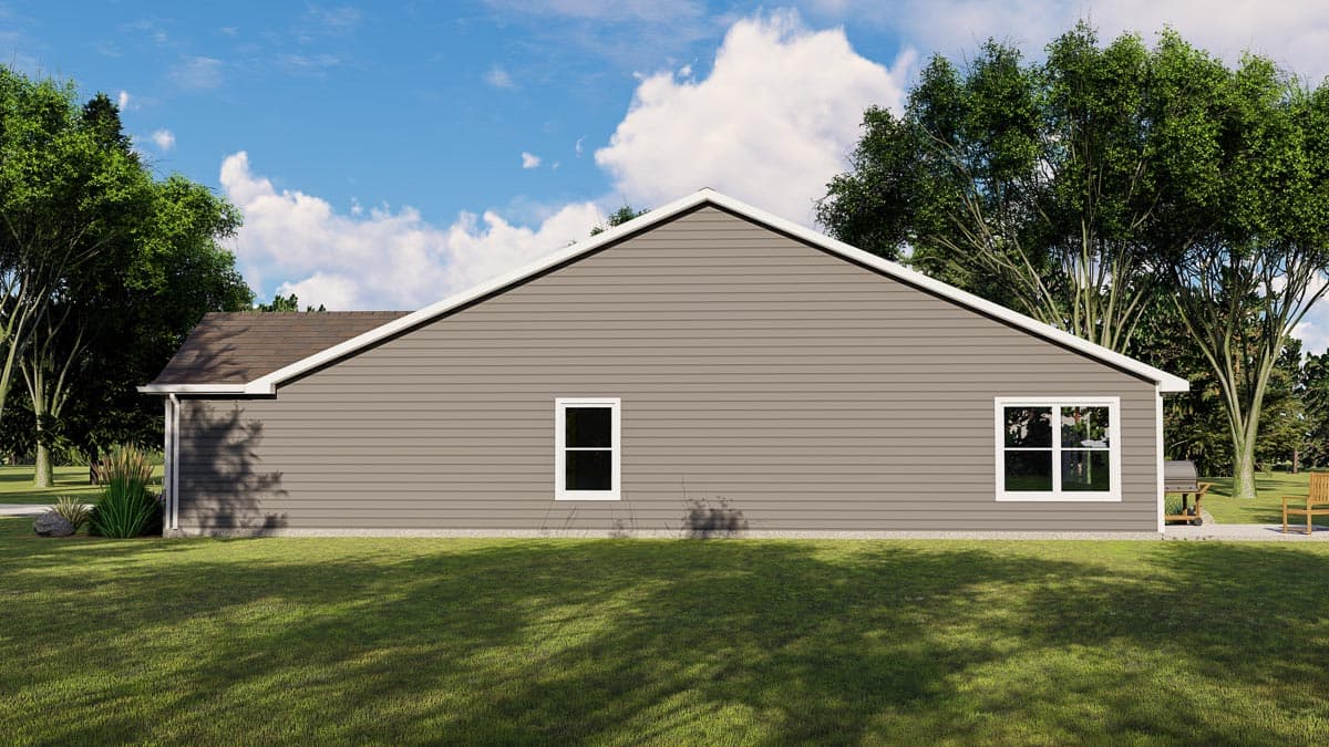 Ranch style house plan exterior with vinyl siding, gable roof, and two windows.