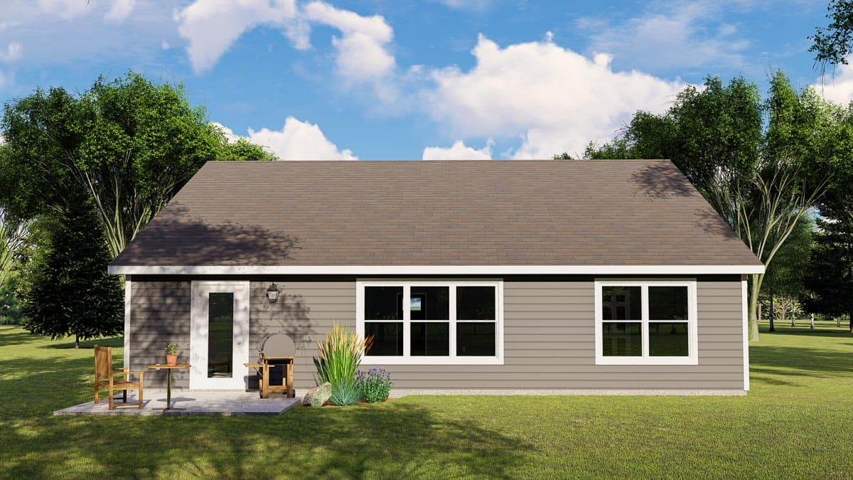 House plan exterior: one-story dwelling with a gable roof, siding, and three windows.
