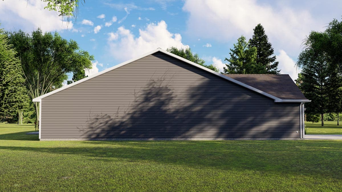 House plan exterior, side view of a single-story home with horizontal siding and a gable roof.