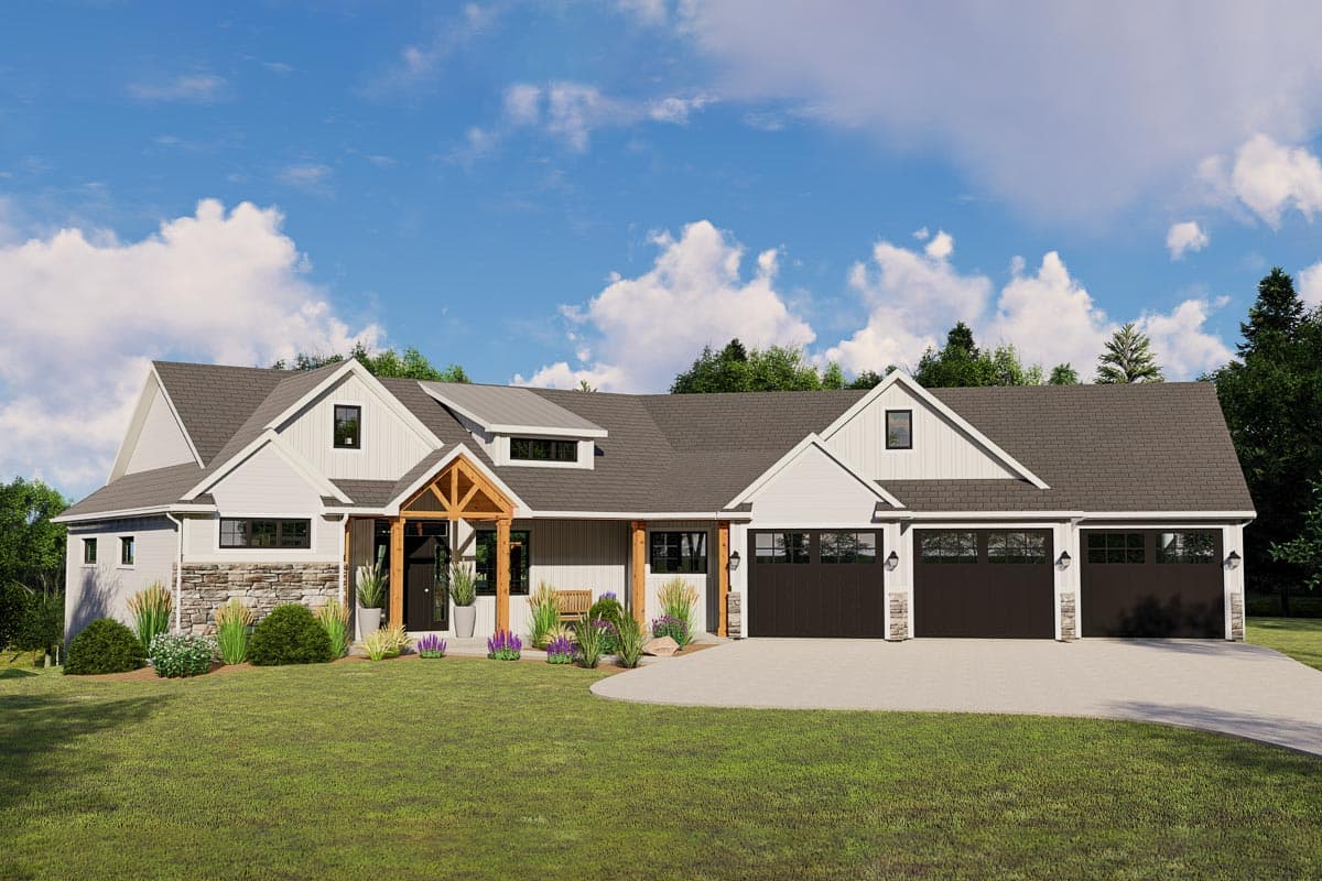 House plan exterior. Modern Farmhouse style, one-story. Features include a front porch with timber-frame details, gabled roof, and three-car garage.
