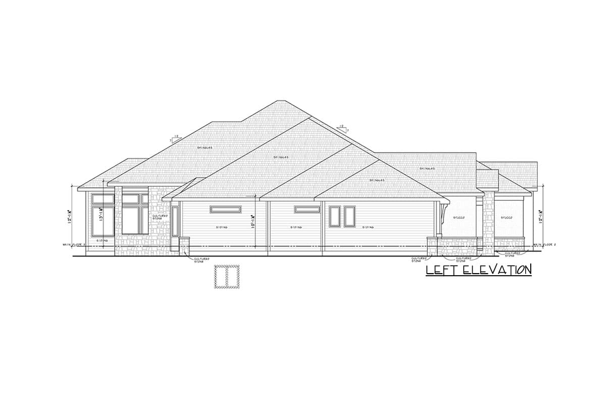 Left elevation house plan showing a single-story home with a hip roof, siding, cultured stone accents, and covered entry.