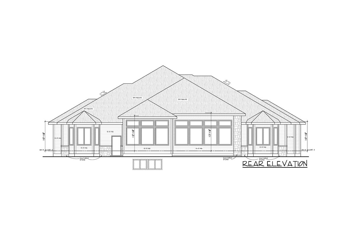Rear elevation drawing of a house plan showing a long row of windows, bay windows, siding, stone accents, and a complex roofline.