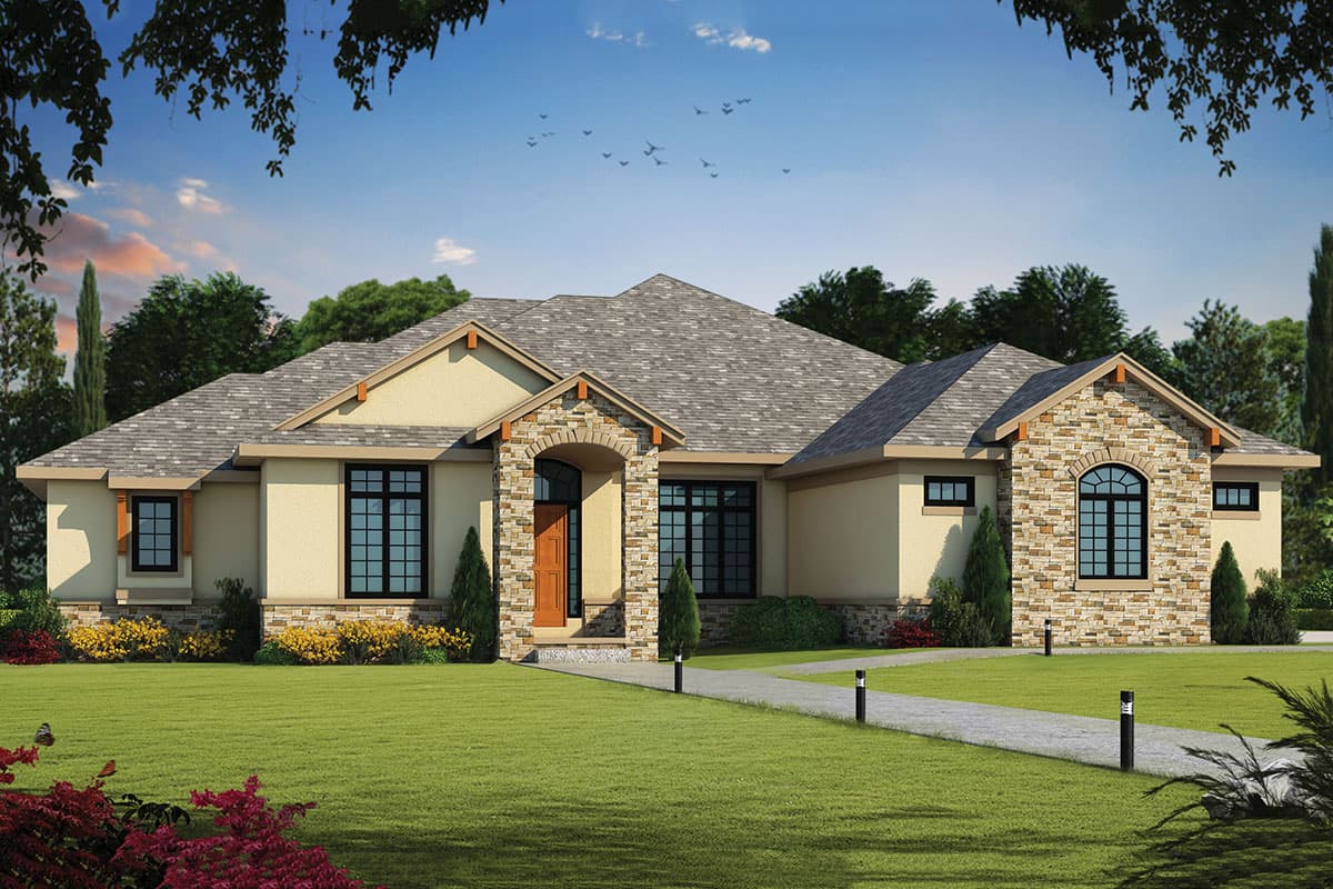 House plan exterior with stone accents, arched entry, multiple gables, and dark framed windows. Single-story Ranch style.