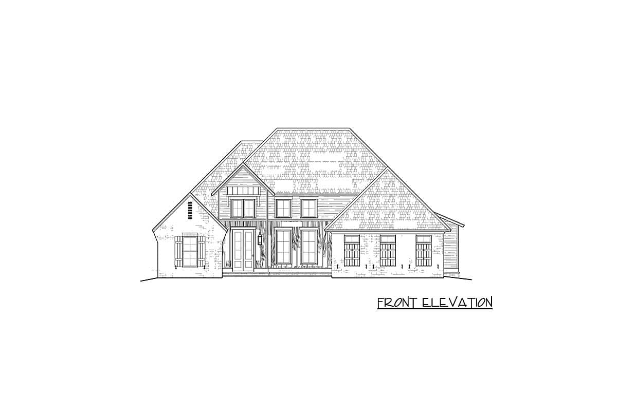 Front elevation drawing of a two-story house with a prominent gable, double doors, and multiple windows.