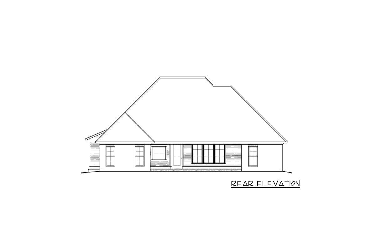 Rear elevation drawing of a one-story house plan featuring a prominent hip roof, numerous windows, and a central door.