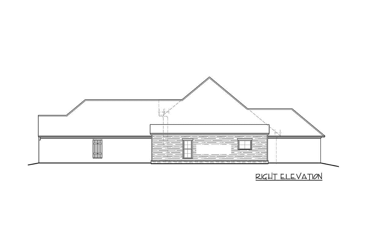 Right elevation of a house plan showing a side view with a prominent gable, horizontal siding, and two windows.