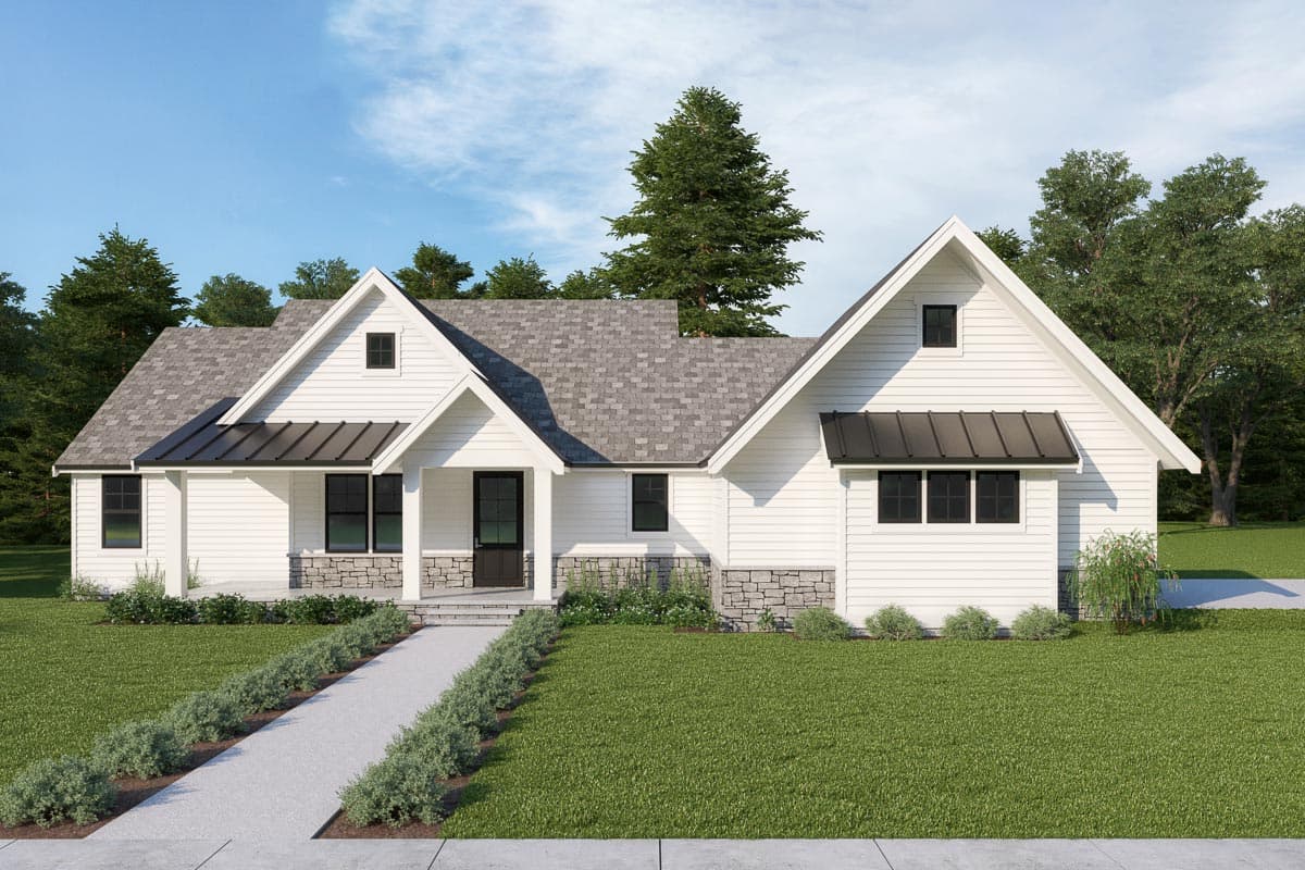 House plan exterior. Modern farmhouse style with gabled roof, stone accents on the facade, and covered porch with black awnings.