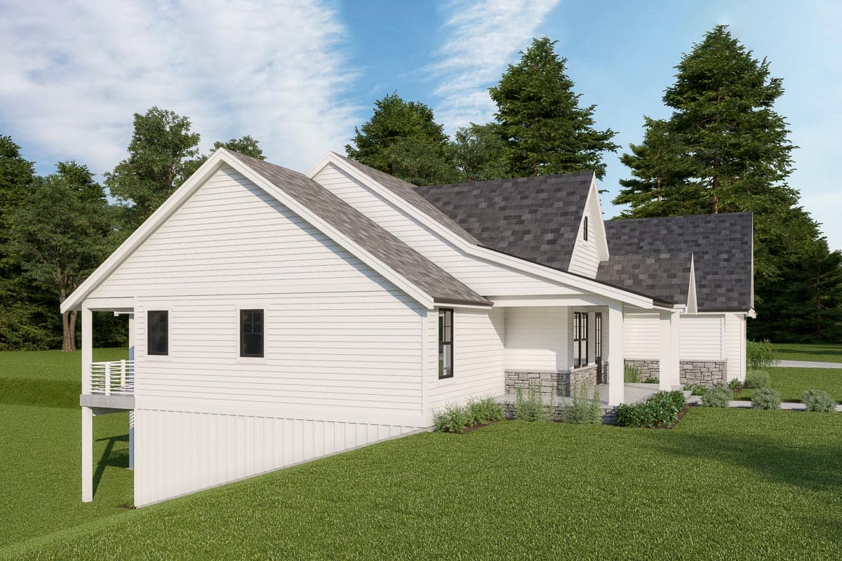 House plan exterior of a two-story Modern Farmhouse with gables, a covered porch, and stone accents.