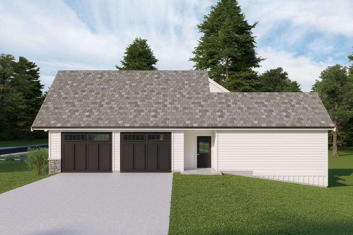 House plan exterior: Single-story, white siding, three-car garage with dark doors, and stone accent.