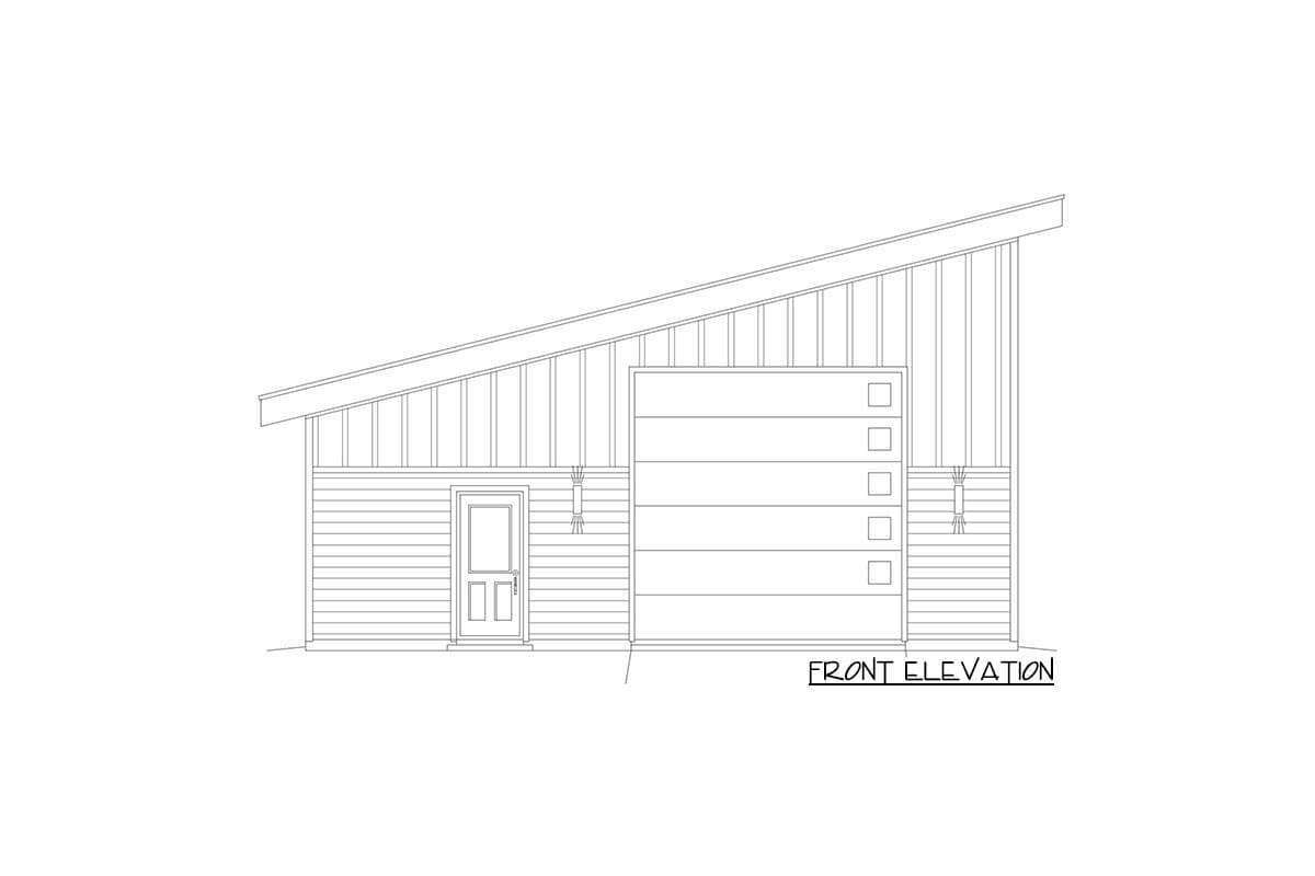 Front elevation drawing of a house with a shed roof, a single door, and a multi-panel garage door.