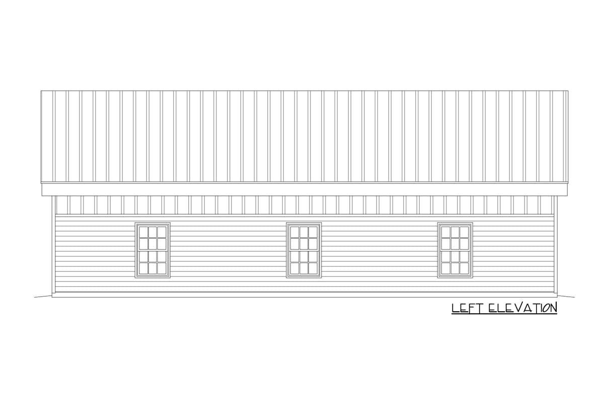 Left elevation drawing of a house with clapboard siding, a metal roof, and three evenly spaced windows.