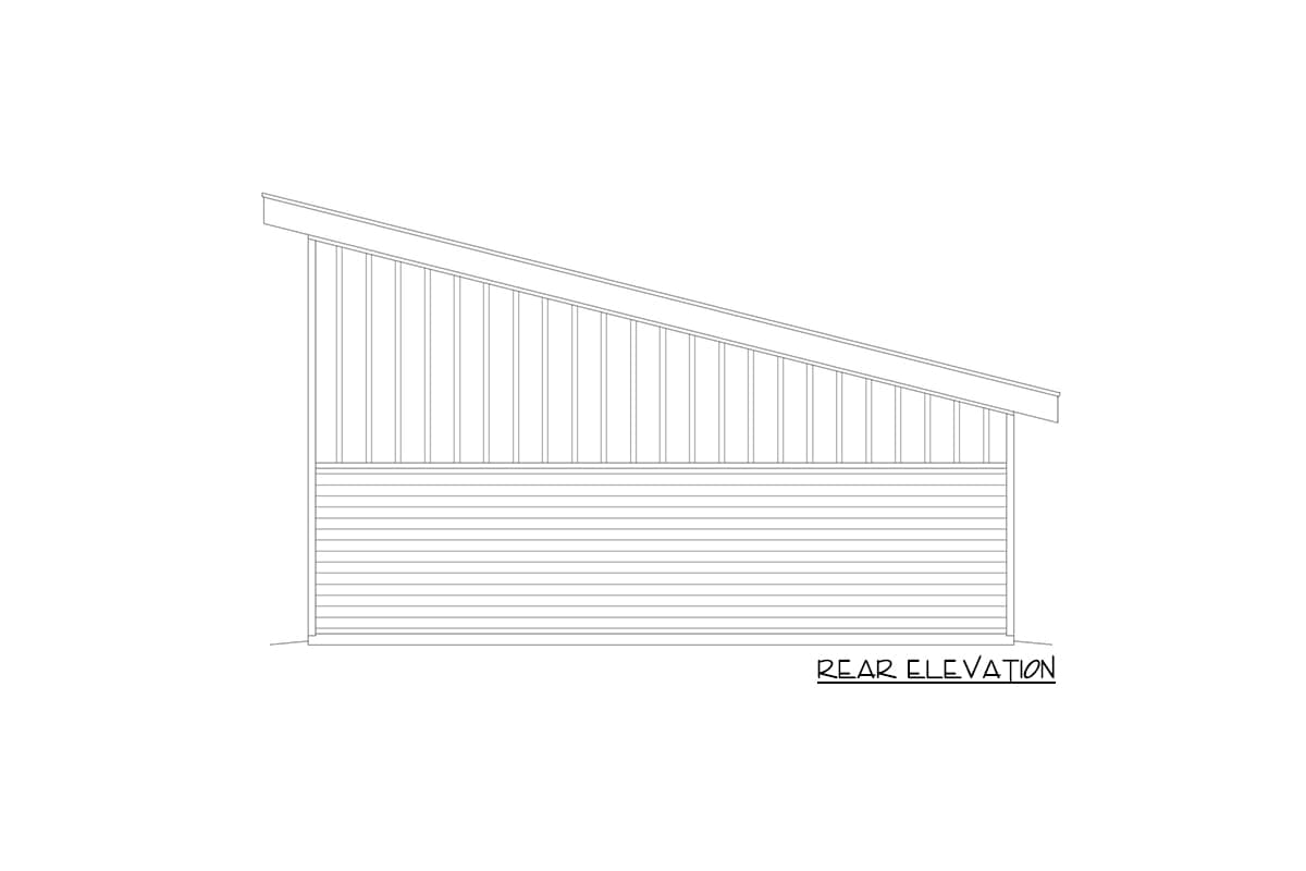 Rear elevation drawing of a house with horizontal siding and a single-slope roofline.