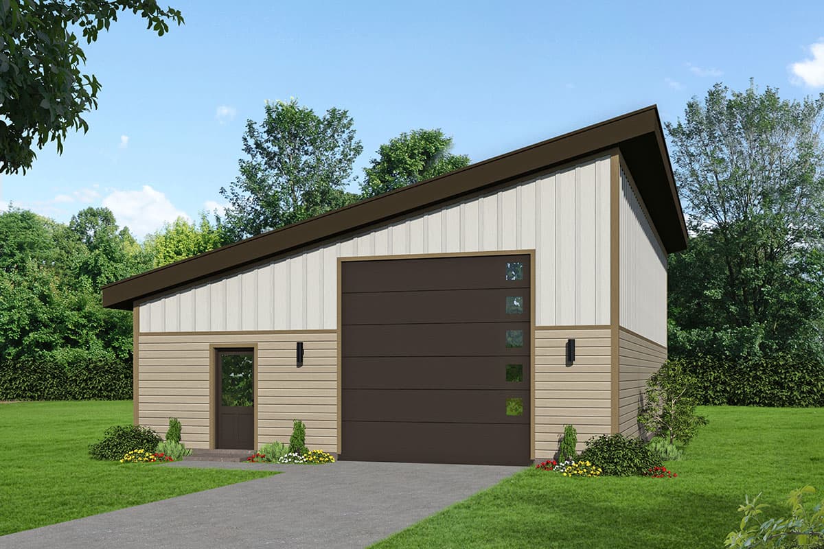 House plan exterior. One-story structure with a shed roof. Features include a modern garage door, vertical siding, and a small entry door.