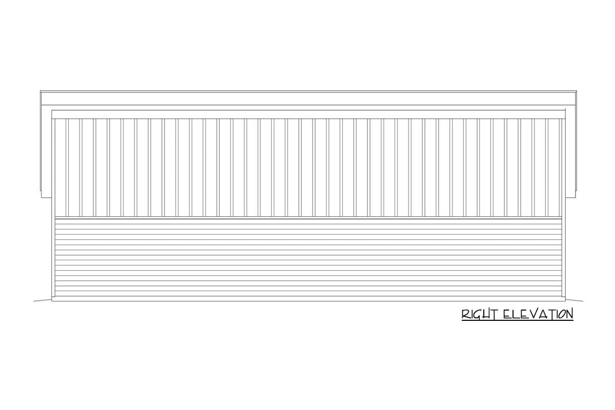 Right elevation of a house plan showing horizontal siding below vertical board and batten.