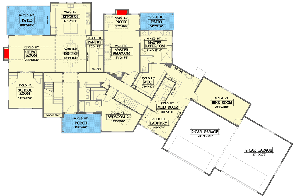 Plan 365007PED: Multi-gabled Modern Farmhouse Plan with Angled 4-car Garage and School Room - Floor Plan - Main Level - Country, Farmhouse, Modern Farmhouse, New American