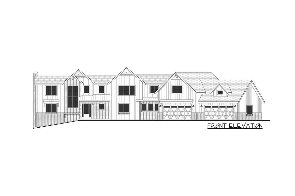 Front elevation drawing of a two-story Modern Farmhouse with gables, dormers, and a triple-car garage.