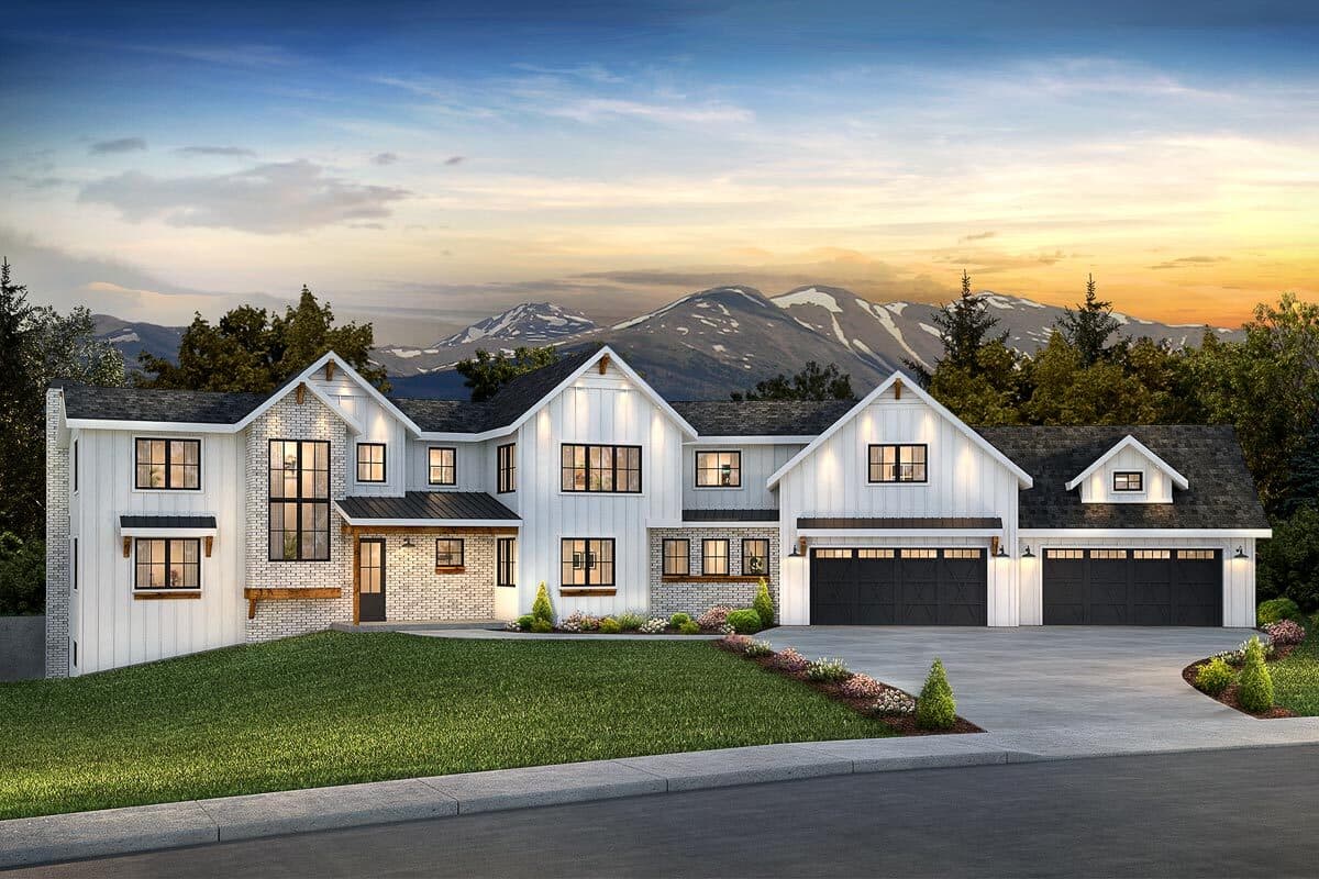 Modern Farmhouse house plan exterior with white board-and-batten siding, brick accents, gable dormers, and a four-car garage.