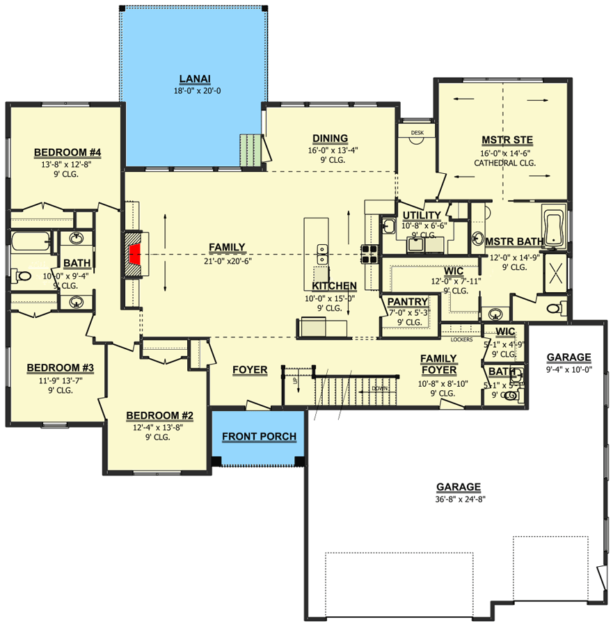 Plan 911004JVD: 4-Bed Craftsman Ranch Plan with Bonus Room over Garage - Floor Plan - Main Level - Craftsman, New American, Ranch, Traditional