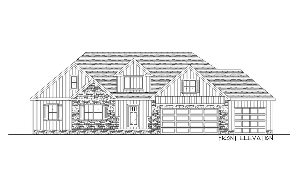 Front elevation drawing of a one-story house plan with board-and-batten siding, stone accents, and a two-car garage.