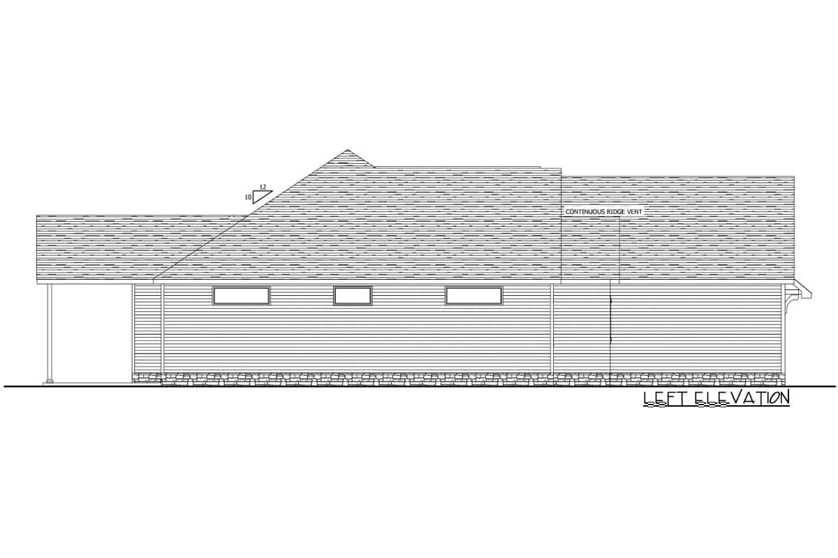 Left elevation drawing of a house plan showing a sloped roof with continuous ridge vent and three windows.