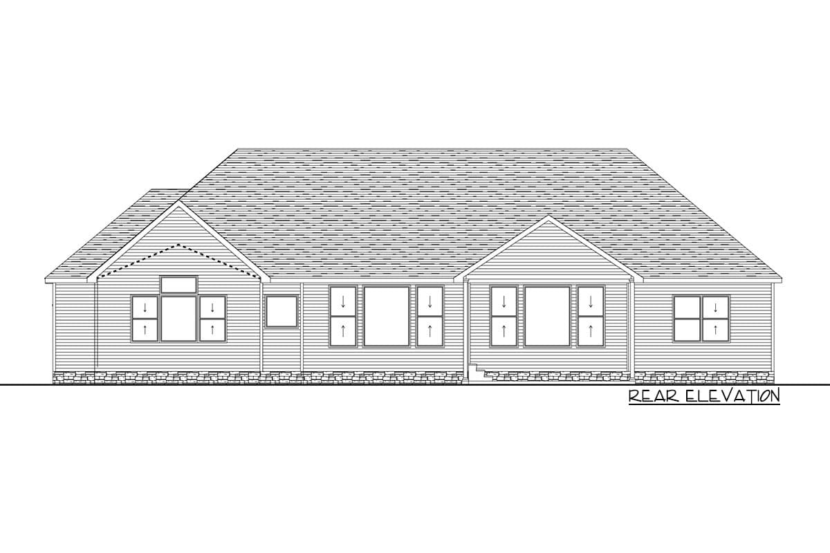 Rear elevation drawing of a single-story house with varied gables, horizontal siding, and multiple windows.